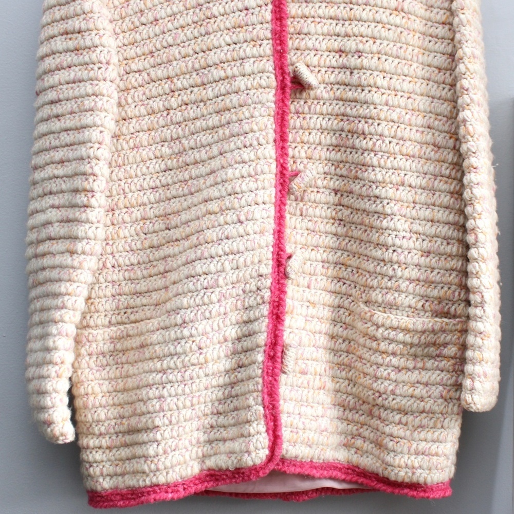 Handmade Crochet Knit Wool Cream & Pink Toggle Hooded Jacket Sweater Size Small - Picture 5 of 7